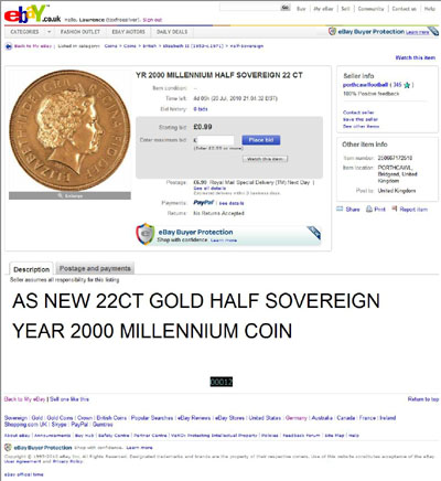 porthcawlfootball eBay Listing Using our 2000 Millennium Gold Bullion Half Sovereign Obverse Photograph
